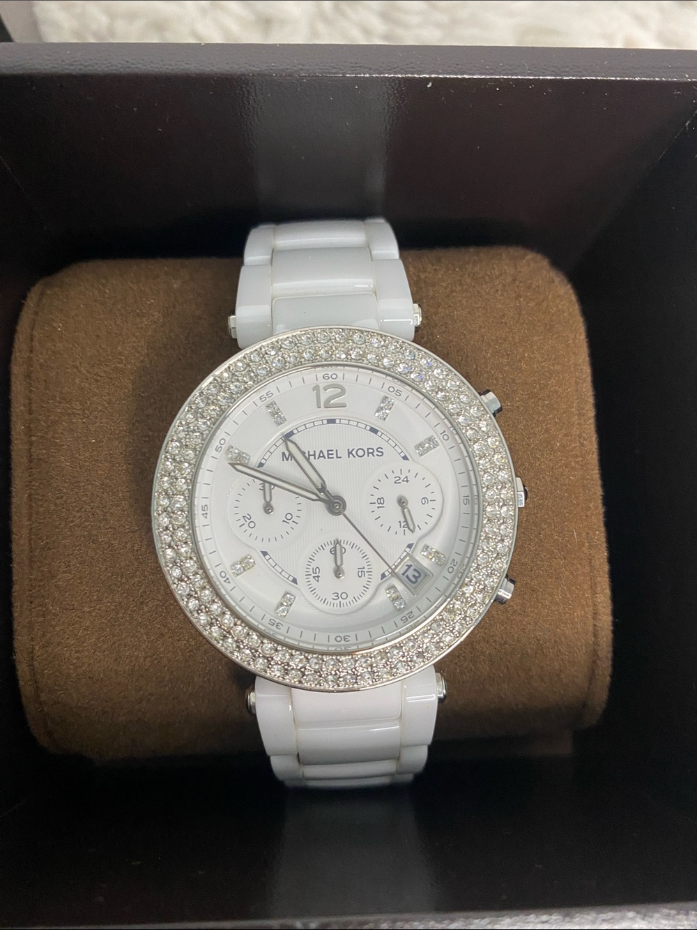 Michael Kors White Ceramic and Crystal-Accent Chronograph Watch